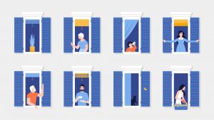 Illustration of neighbours looking out windows